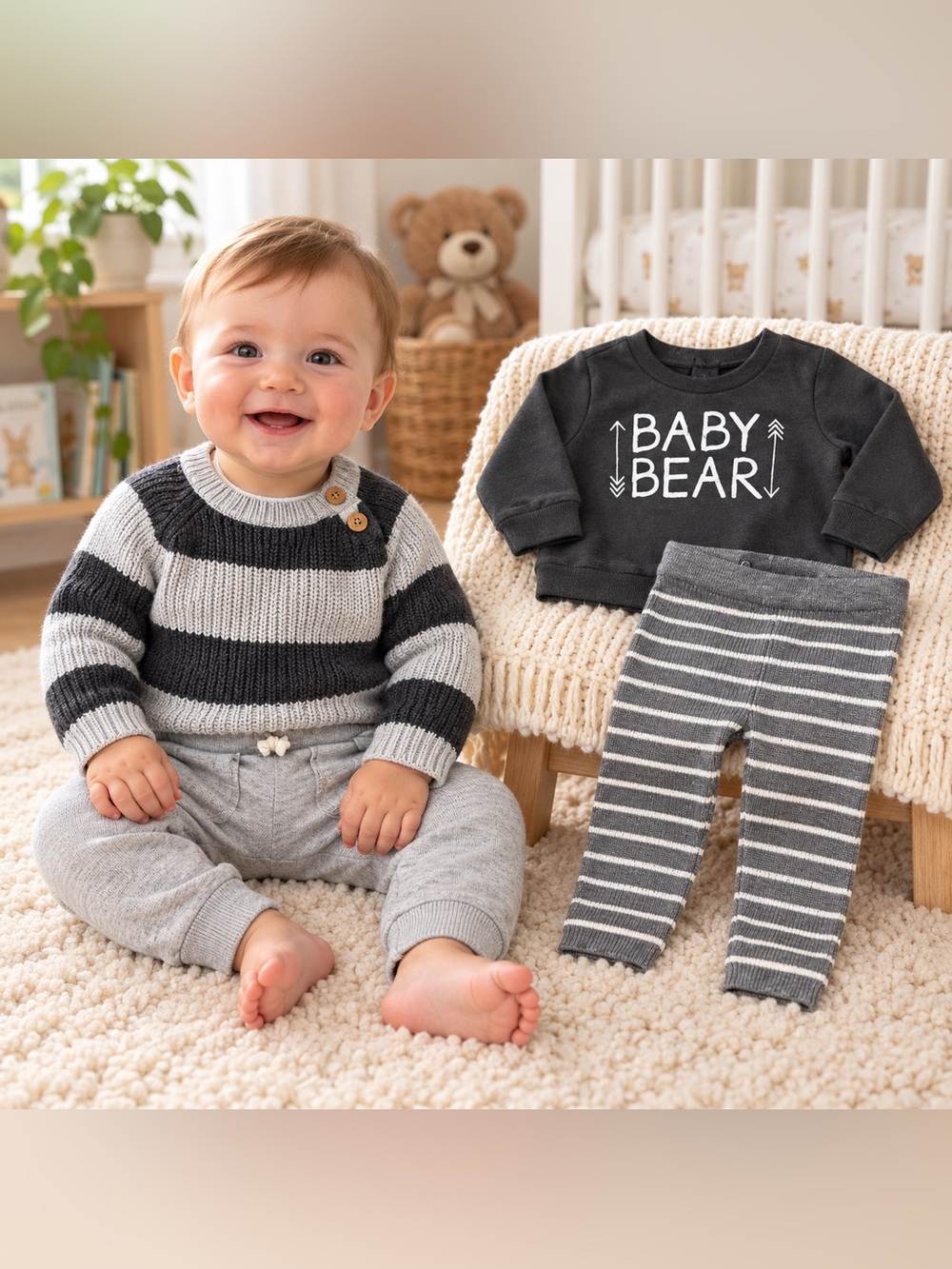 Baby B’gosh Little Planet Baby Bear 4 Piece Outfit Lot 9M Gray Striped